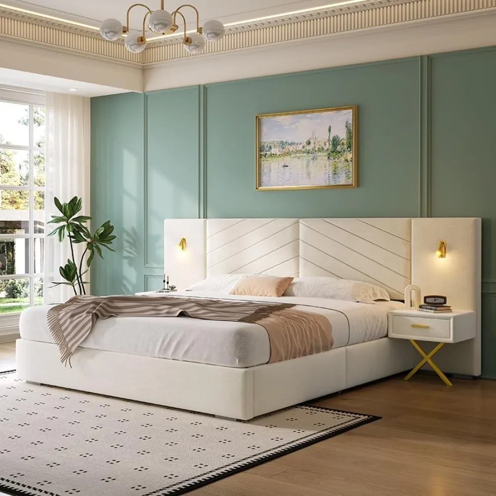 Lujoso marco de cama con plataforma King, cabecero tapizado en terciopelo con 2 apliques de pared integrados y mesitas de noche, metal resistente y sólido