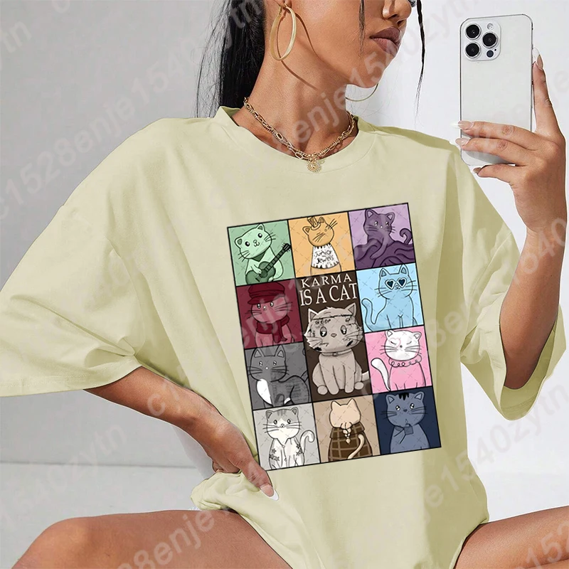 

Karma Is A Cat Graphic T-shirts, Women Summer New Popular Tee Shirt, Casual Short Sleeve Round Neck Oversized Tops