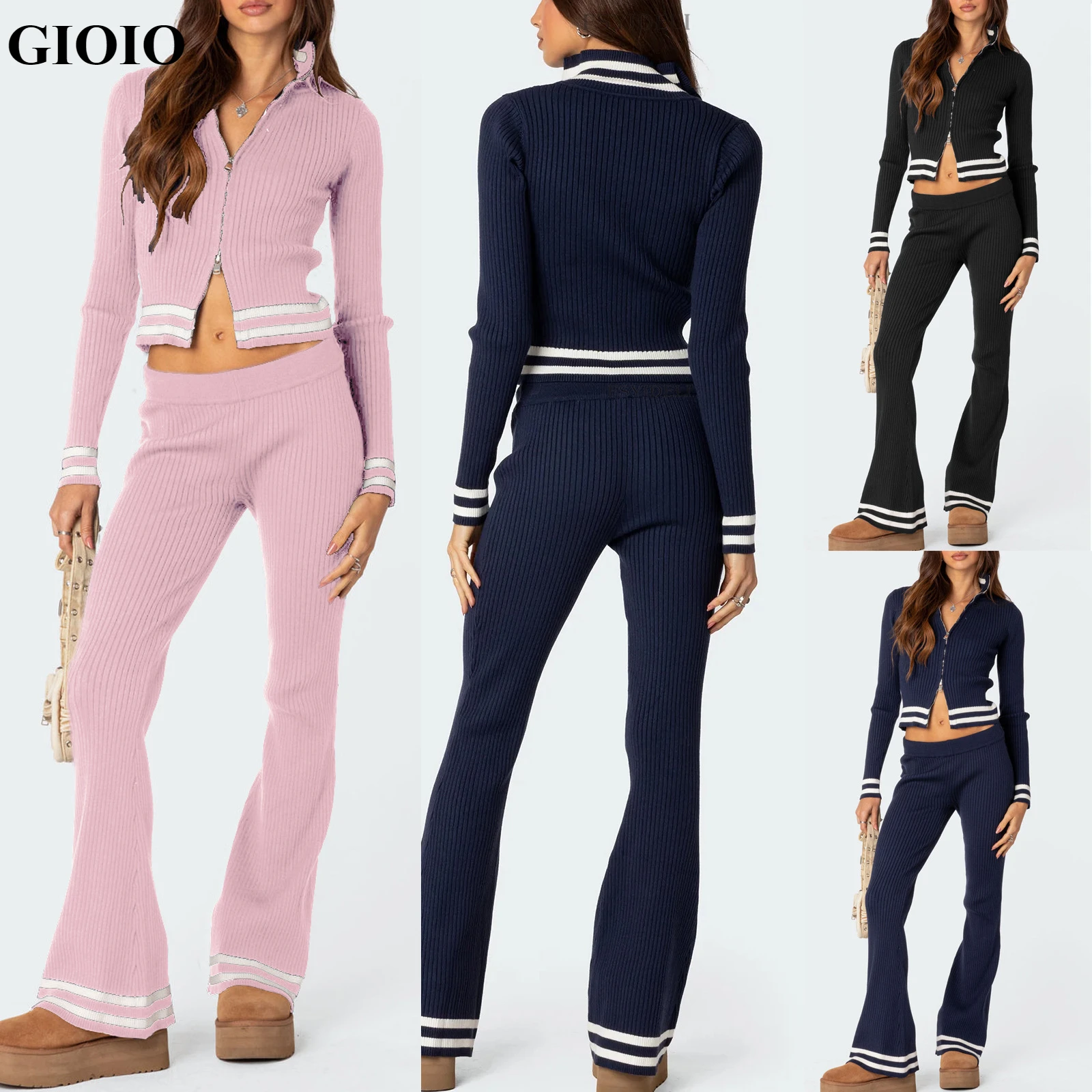 

GIOIO New fashionable autumn and winter woolen casual suit zipper short top high waist wide leg pants two-piece set