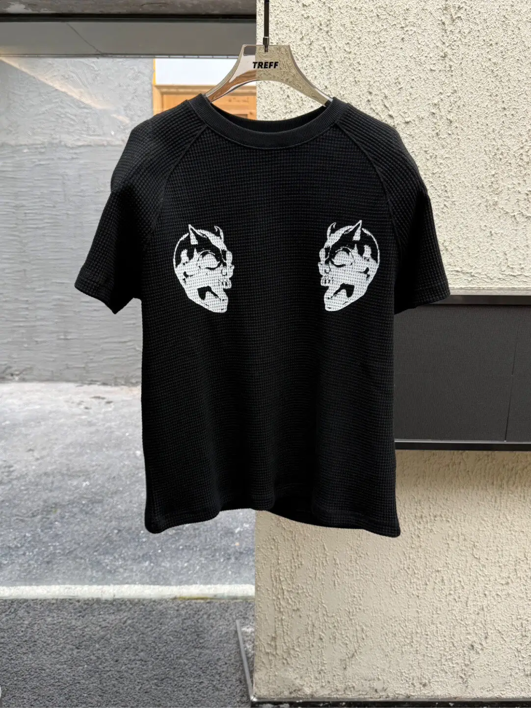 TC Trendy Brand Double Ghost Head Print Waffle Short Sleeve T-Shirt American Retro Casual Cotton Tee Unisex