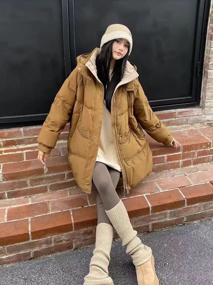 

Winter Loose Hooded Mid Length Down Jacket Women White Duck Down Solid Zipper Parker Outwears Female Thicken Warm Pocket Jackets
