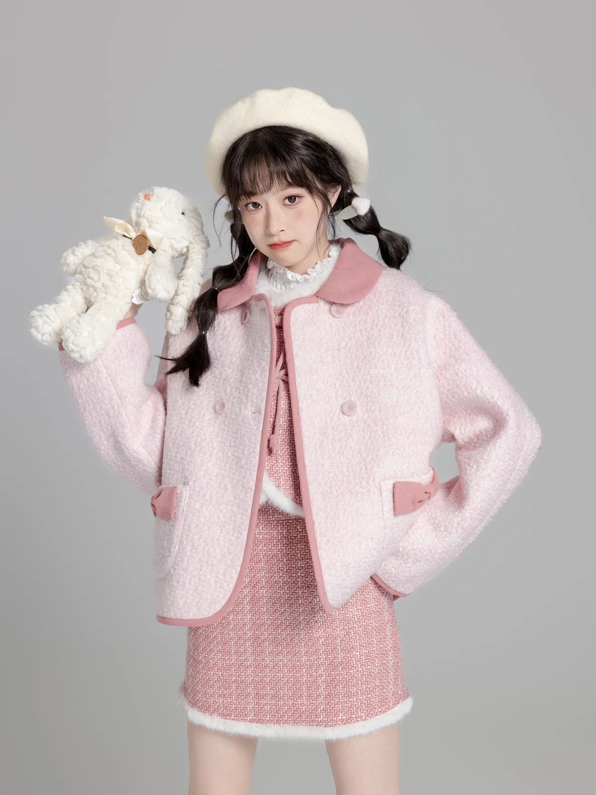 Japanese Sweet Cute Doll Collar Long Sleeve Double Breasted Bow Pocket Straight Loose Versatile Short Woolen Coat Women Autumn