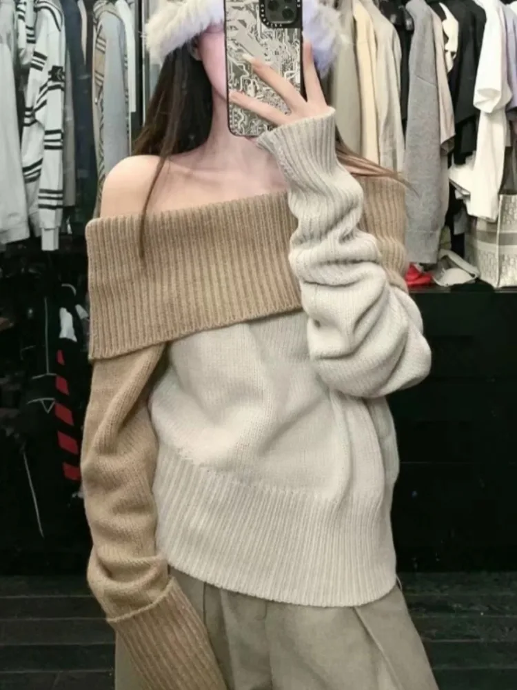 

Сексуальный вязаный свитер на одно плечо, женский модный утягивающий универсальный свитер с очками на плечах, модное осенне-зимнее новое поступление, чистое желание