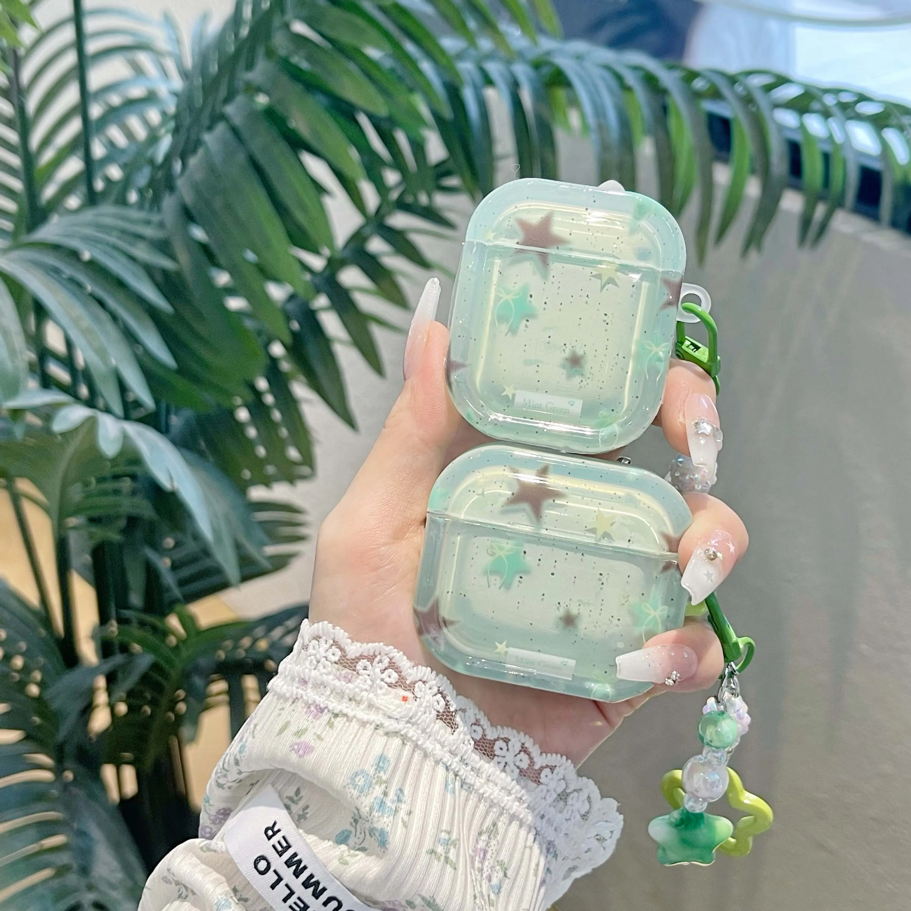 Mint green summer transparent headphone case for apple airpods pro 1 2 3 pro2nd ink-splash stars laser pendant charging box