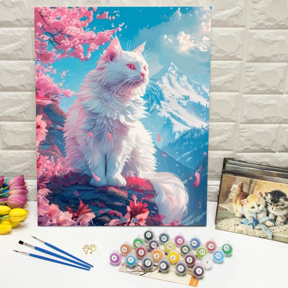 Digitales Ölgemälde, Katze, Berg, Kirschblüten, DIY-Ölgemälde nach Zahlen, Kätzchen, Tierzeichnung auf Leinwand, Heimdekoration, Geschenk