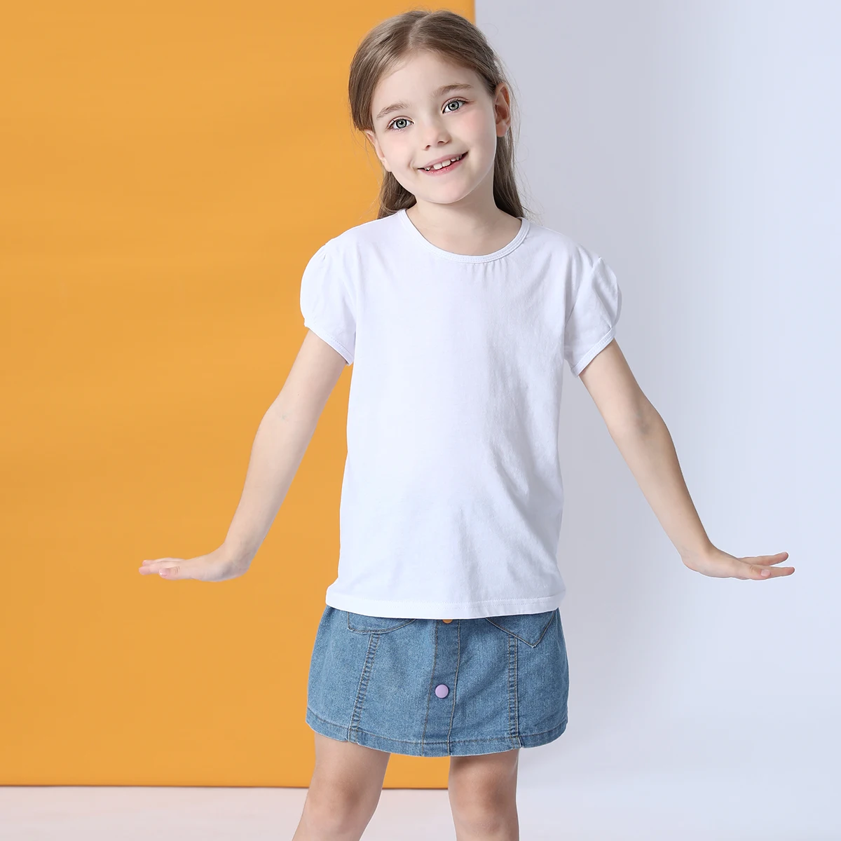 Kids Girl T-Shirt Short Puff Sleeve Tees Summer Toddler Teenagers Casual Tops Crew Neck 100% Cotton Tee 2-12 Years