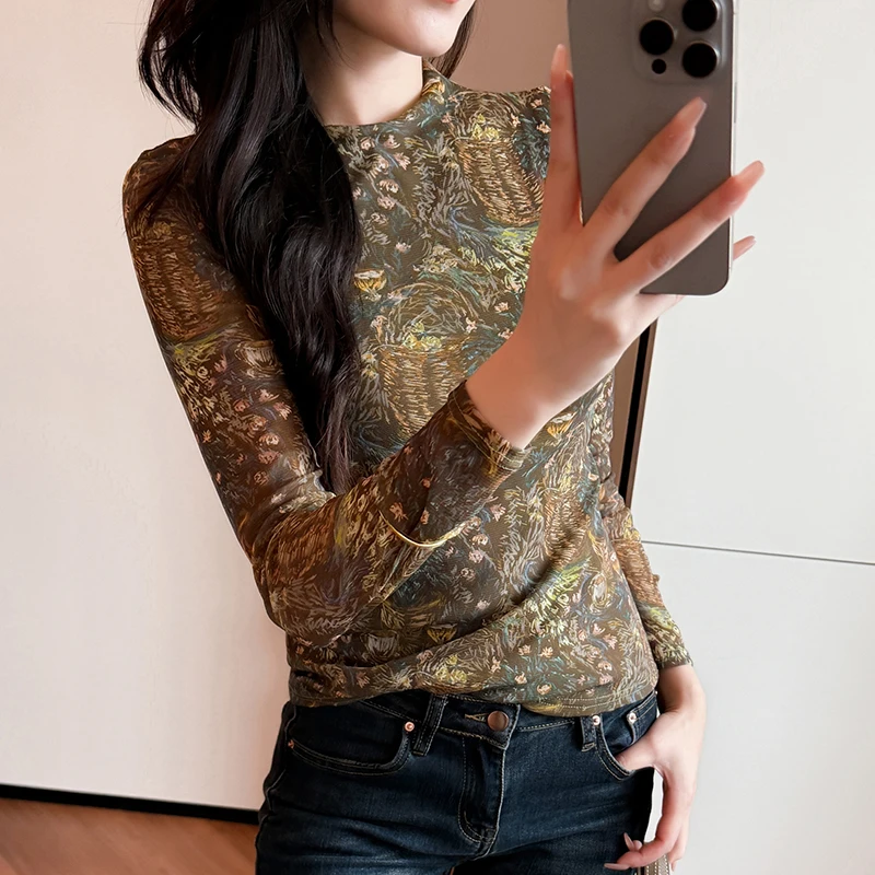 Y2K Women Fashionable High Stretch Mesh Long Sleeved Printed High Neck Top Autumn Winter