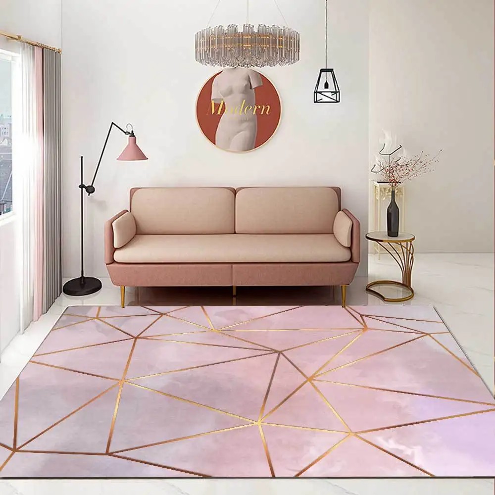 Fashion Modern Nordic Gray Pink Gold Line Geometric Kitchen Living Room Bedroom Bedside Carpet Floor Mats Custom