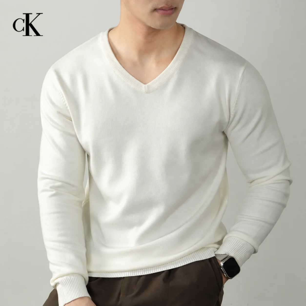 CK V Neck Knit Sweater Soft Long Sleeve Pullover Basic Business Casual Knitwear Ribbed Cuffs Hem Regular Fit Top
