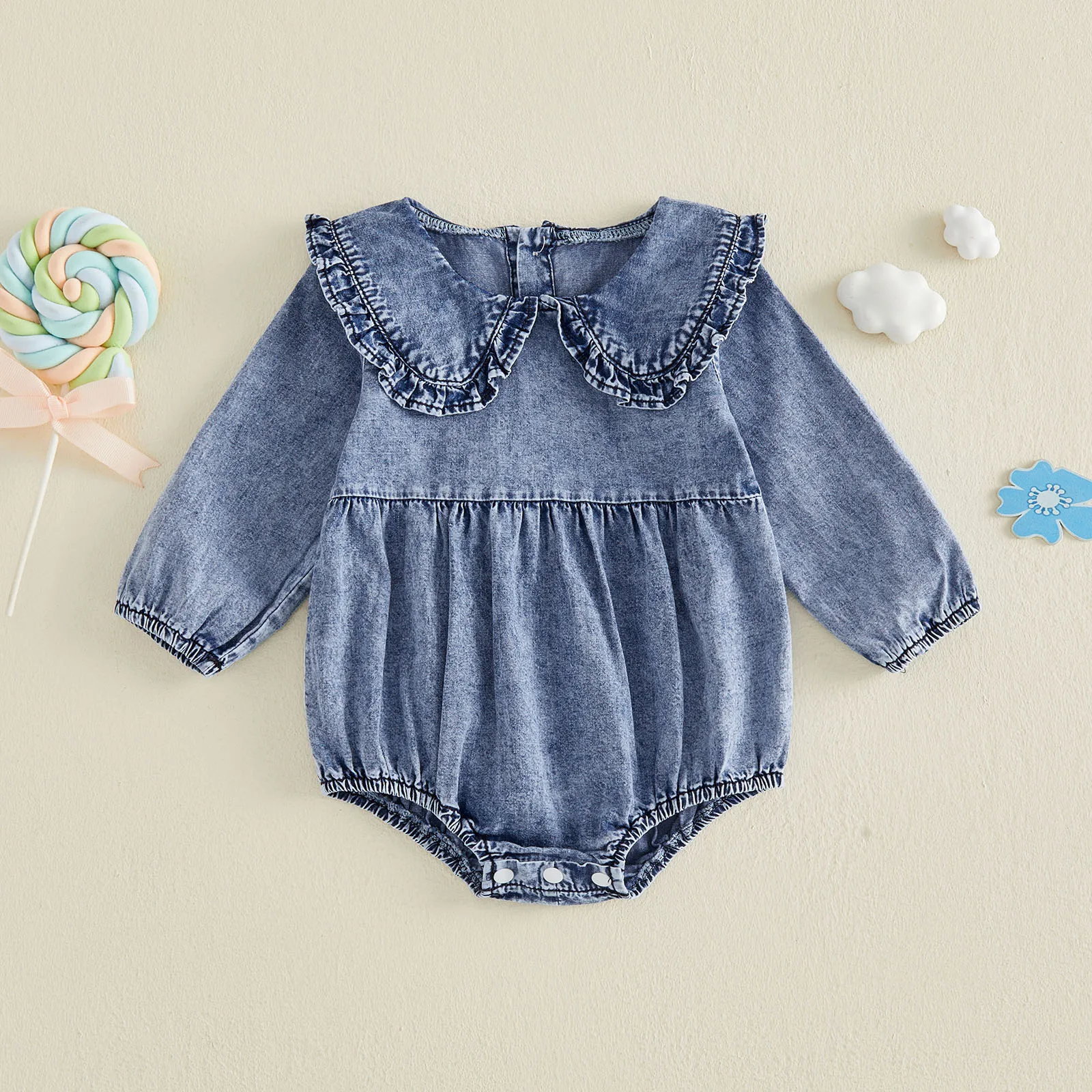Infant Baby Girl Bubble Romper Long Sleeve Doll Collar Solid Color Fall Denim Jumpsuit