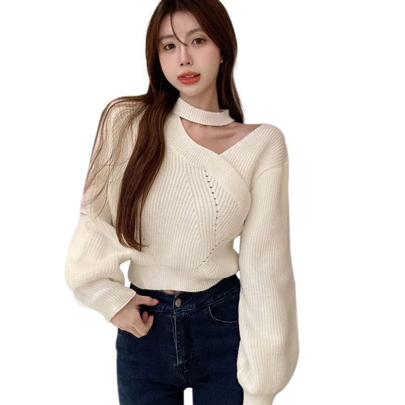 Women Cross Neck Halter Sweater Autumn Winter Knit Long Sleeved Sweater Female Warm V-neck Off Shoulder Pullovers Sexy Jumpers