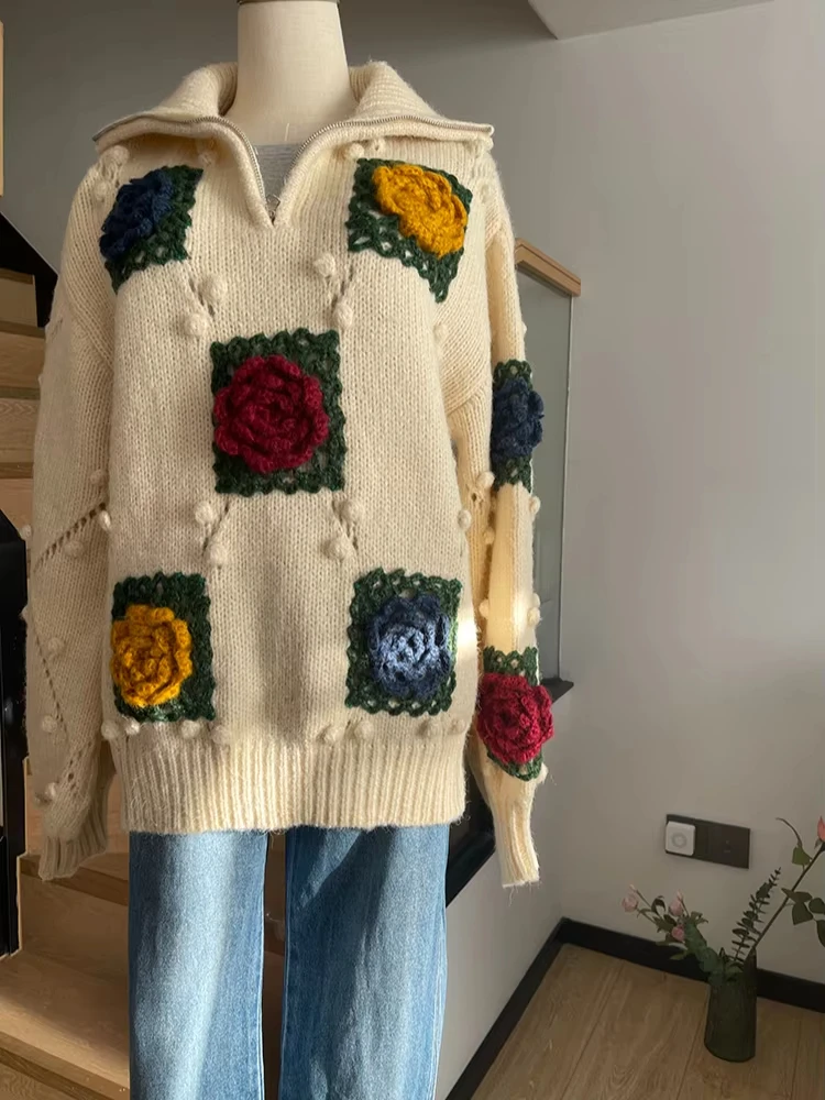 Vrouwen Vintage Bloem Gehaakte Hoge Hals Lange Trui 2024 Herfst Winter Losse Jumper Gezellige Trui Retro Outfit