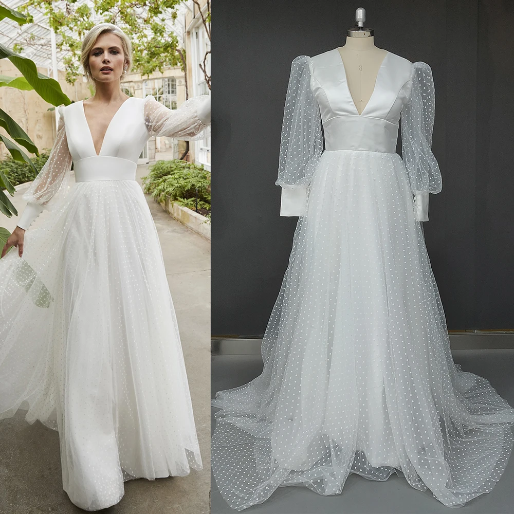 Abito da sposa in Tulle punteggiato a pois in raso a maniche lunghe 2021 scollo a V Boho Beach Illusion Back abito da sposa bottone su misura a buon mercato