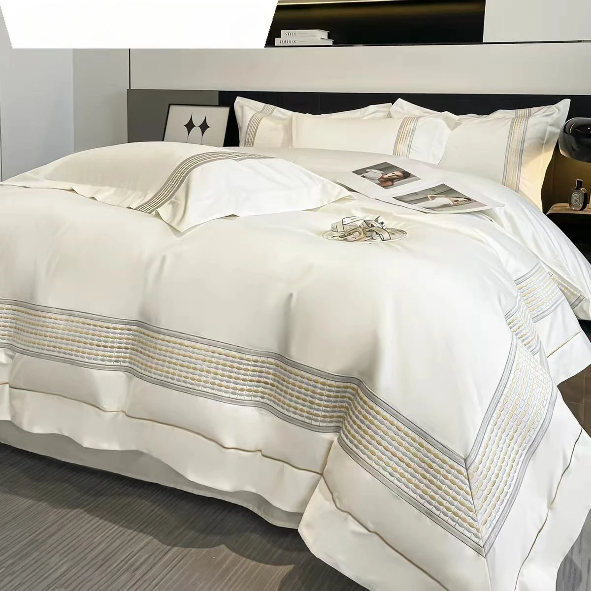 100% Egyptian Cotton Bedding Set Luxury 60S Long Staple Cotton Embroidery Duvet Cover Set Bed Sheets Pillowcases Home Textiles