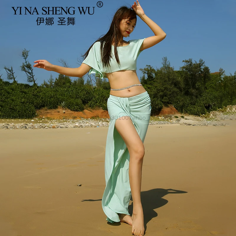 Offre spéciale nouveau col en v à manches droites danse du ventre 2 pièces ensemble femmes vêtements de danse du ventre jupe imprimée Costume de danse du ventre jupe supérieure
