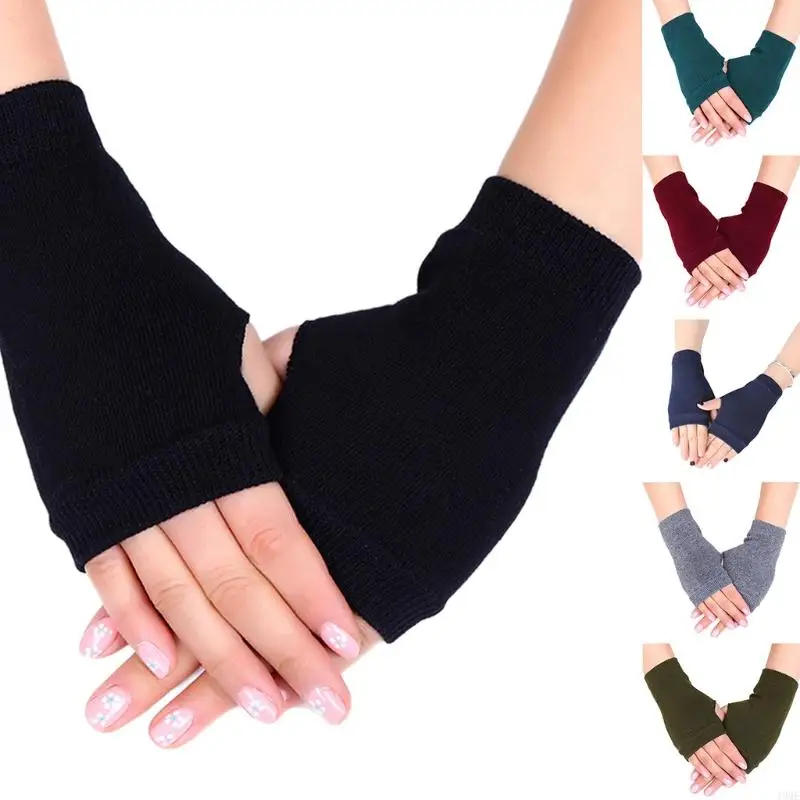 49ME Unisex Cotton Knitted Fingerless Gloves Solid Color Stretchy Thumb Hole Wrist Length Driving Mittens Hand Warmers