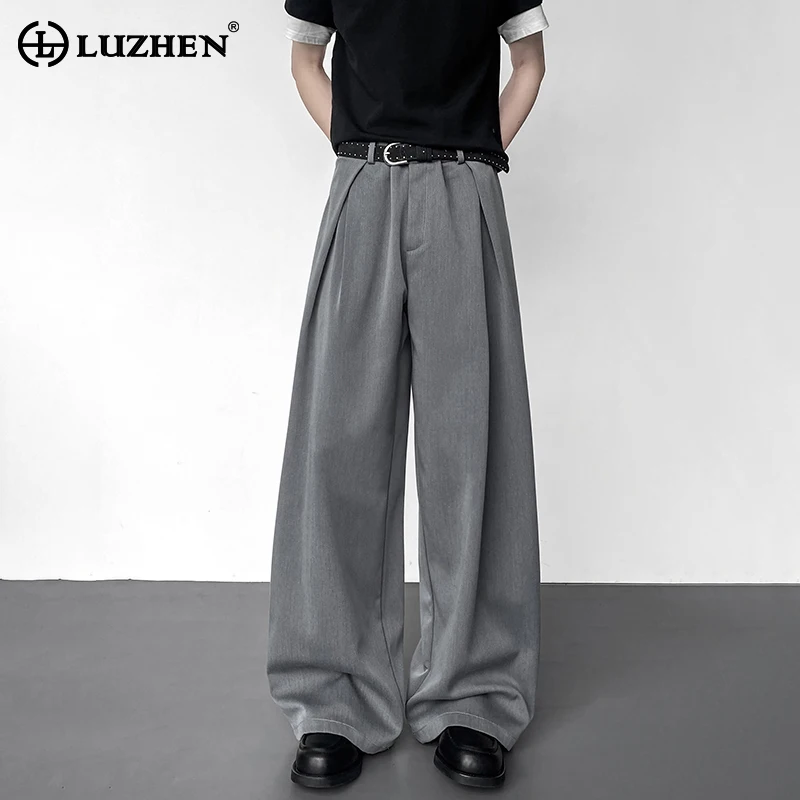

LUZHEN 2026 Новые однотонные плиссированные прямые повседневные брюки для мужчин, элегантные высококачественные широкие брюки, простые и стильные, JY6323