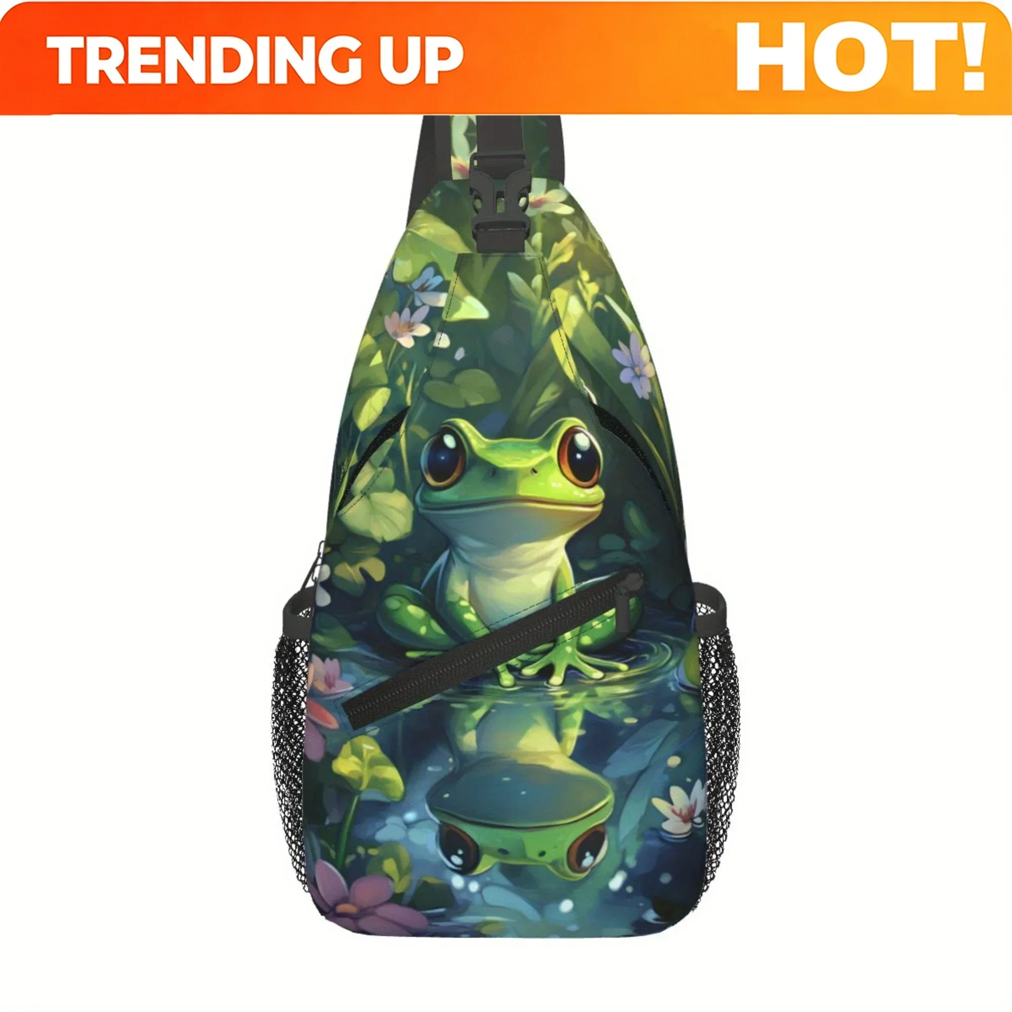 Custom 1pc Stylish Cartoon Frog Print Chest Bag - Durable Polyester, Adorable Green Frog Design With Water Lily Pads & Flowers