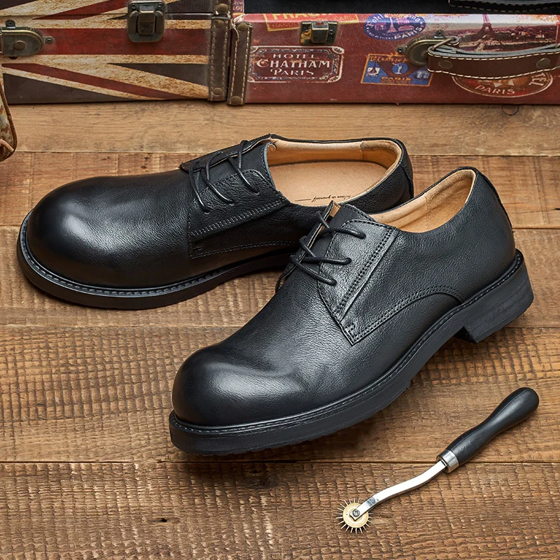 US Size Mature Male Retro Big Round Toe Leather Shoes British Style Thick Bottom Handmade Businessman Casual Luxury Oxfords