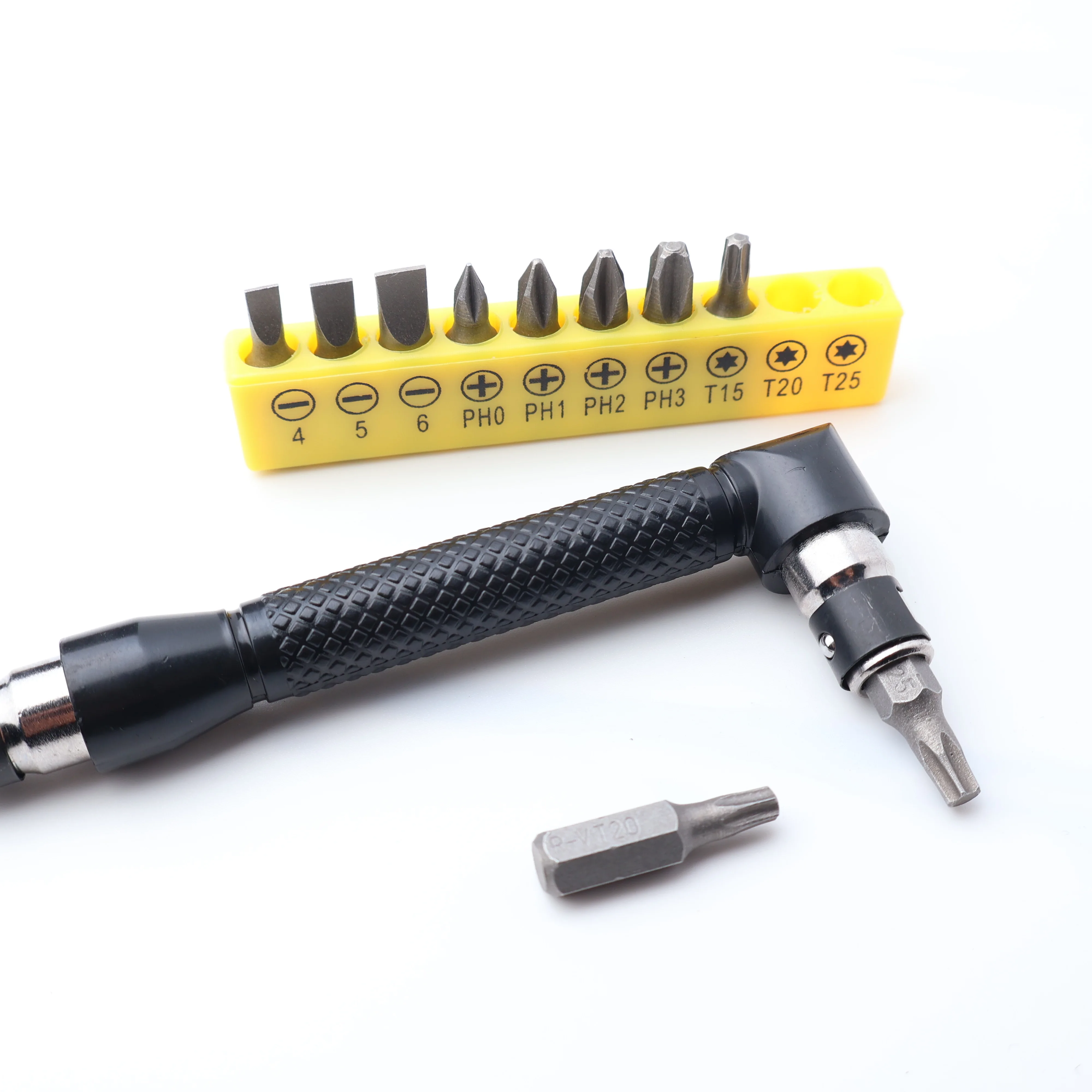 1pc Black L Shape Handle with 10pc Screwdriver Bits in Yellow Holder 90 Degree Double Head Hex Shank Tool Set for Tight Spaces