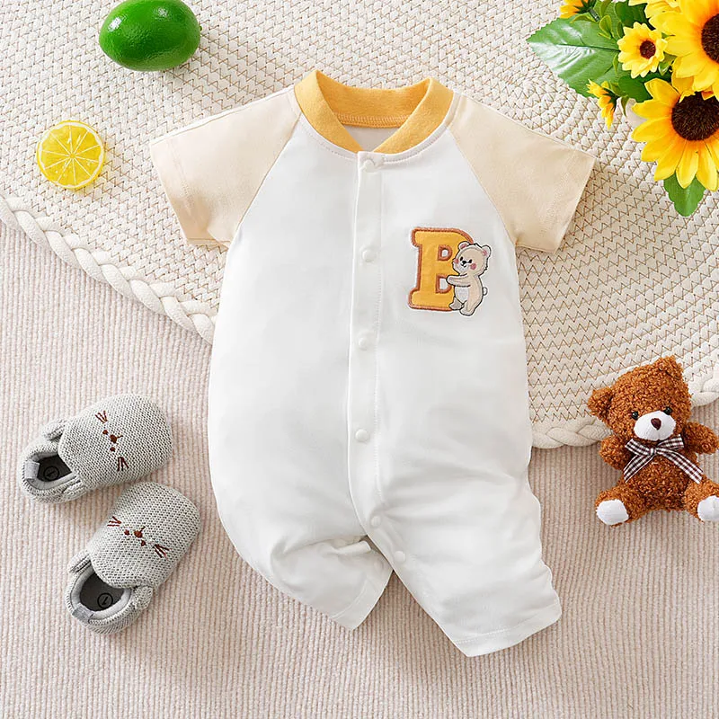 Baby Boy Romper Short Sleeve Bear Letter B Embroidery Jumpsuit Newborn Baseball Style Casual Clothes 0-18M