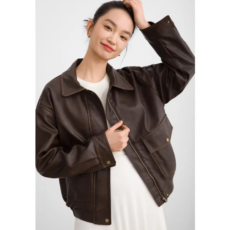 Autumn Vintage Loose Pu Leather Jacket Women Lapel Zipper  Long Sleeve Thickened Coat