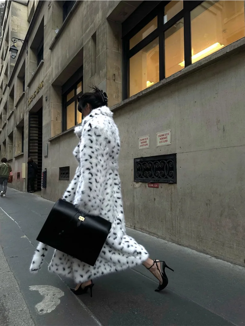 Fashion Eco-Friendly Long Leopard Print Fur Coat Women's Lapel Loose Thick Plush Overcoat Winte UCPF view 5