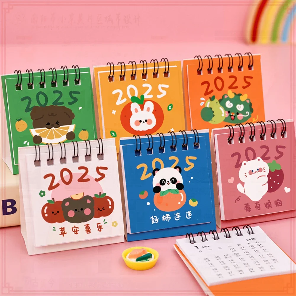 24 Pcs Wholesale 2025 Cartoon Mini Desk Calendar Cute Fruit Text Desktop Clock Daily Planner for Students