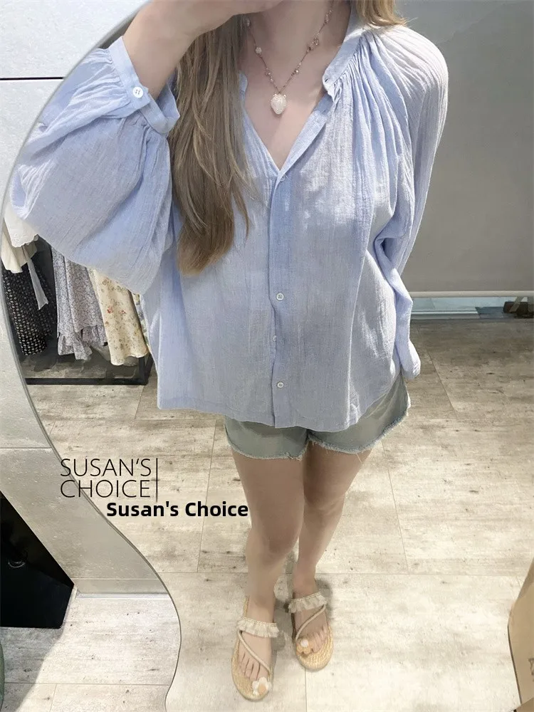 

Susan Casual Loose Long Sve Cotton Blue круглый женский топ Ne irt, удобный дышащий модный летний наряд