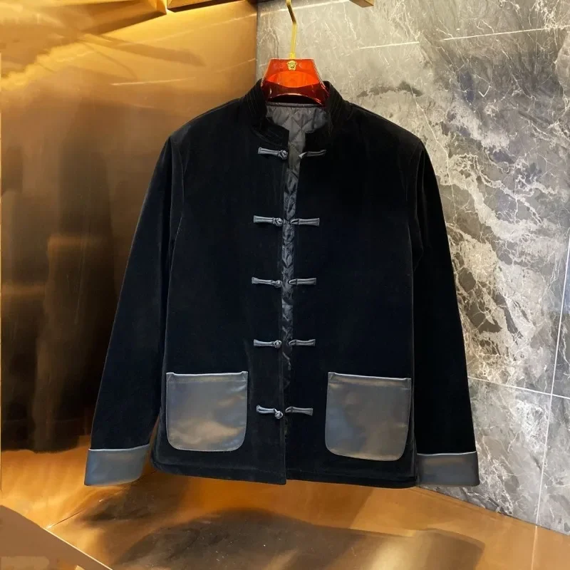 

Winter Velvet Buttoned Cotton Coat Chinese Style Men's Tang Suit Jacket Leather Stand Collar Retro Long Sleeves Pockets Parkas