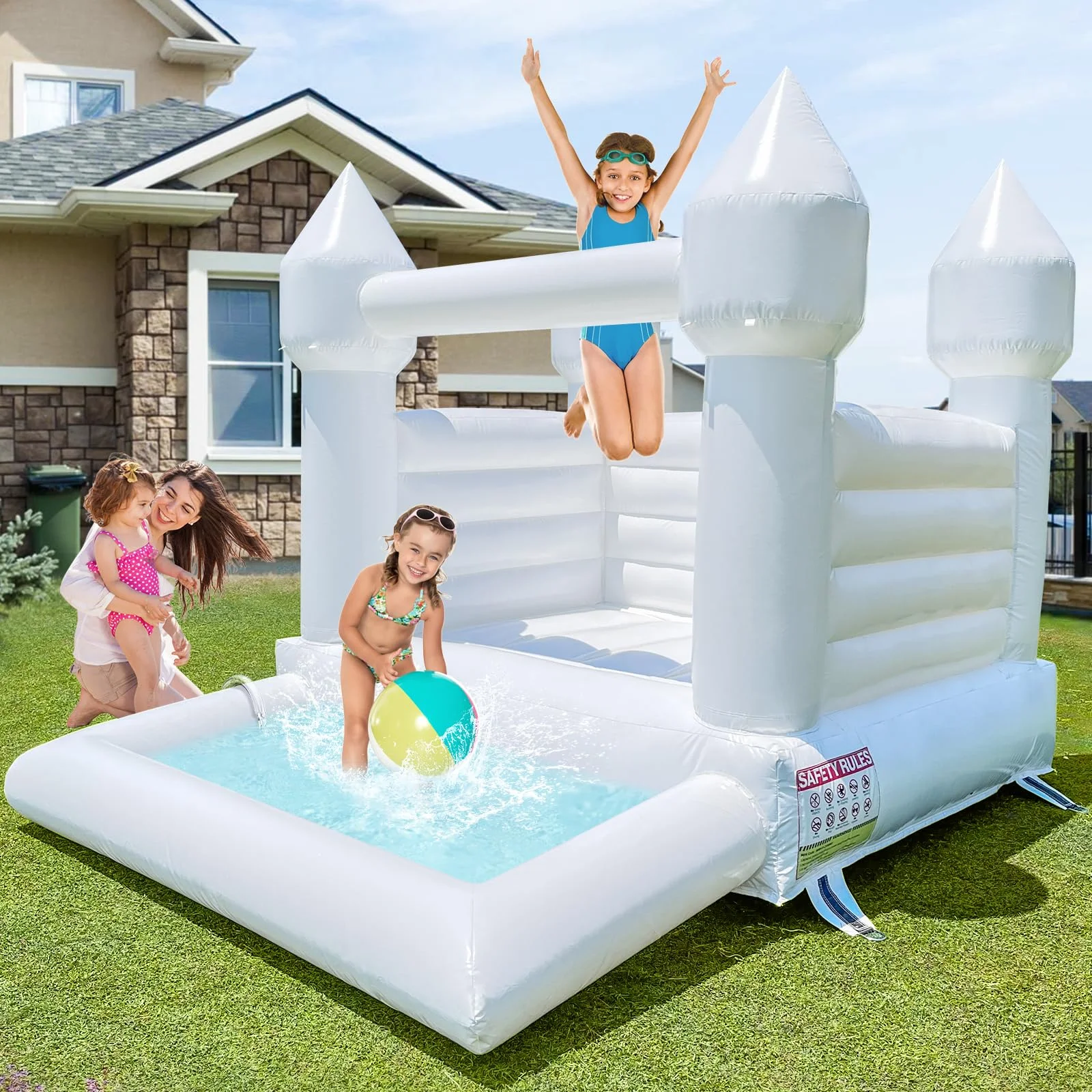 10X8FT Inflatable White Bounce House Castle with Ball Pit&Air Blower, White Jumper Bouncy Castle Wedding Decoration Jumping Bed