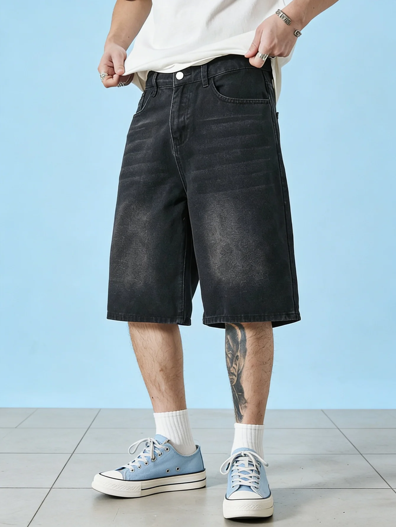 

Мужские однотонные черные джинсовые шорты без стрейча, свободного кроя, для повседневной носки, простые, универсальные, длиной до колена.