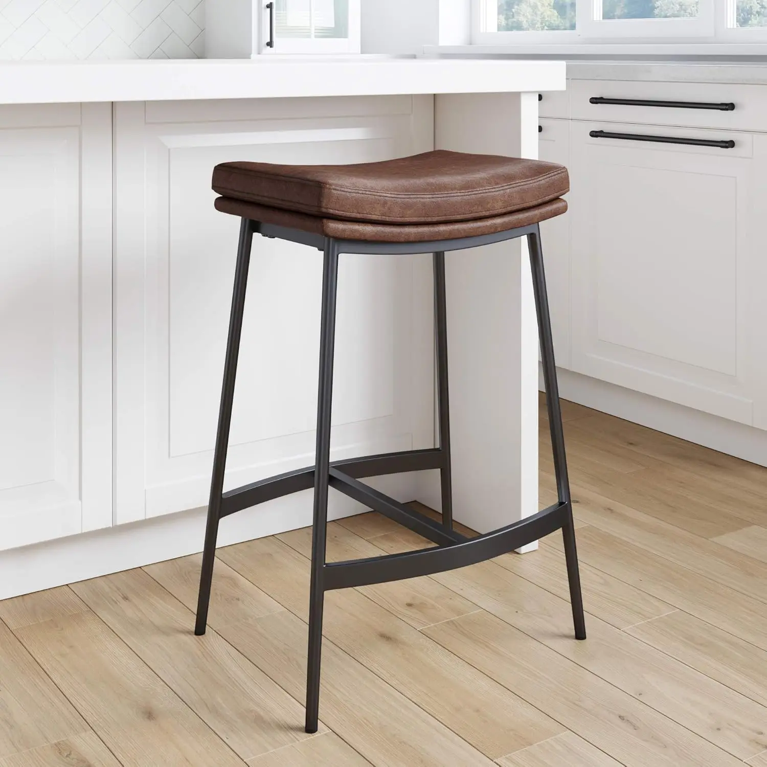 

Arlo Modern Backless Upholstered Kitchen Counter Bar Stool with Double-Layered Saddle Seat and Metal Base, Brown/Matte Black