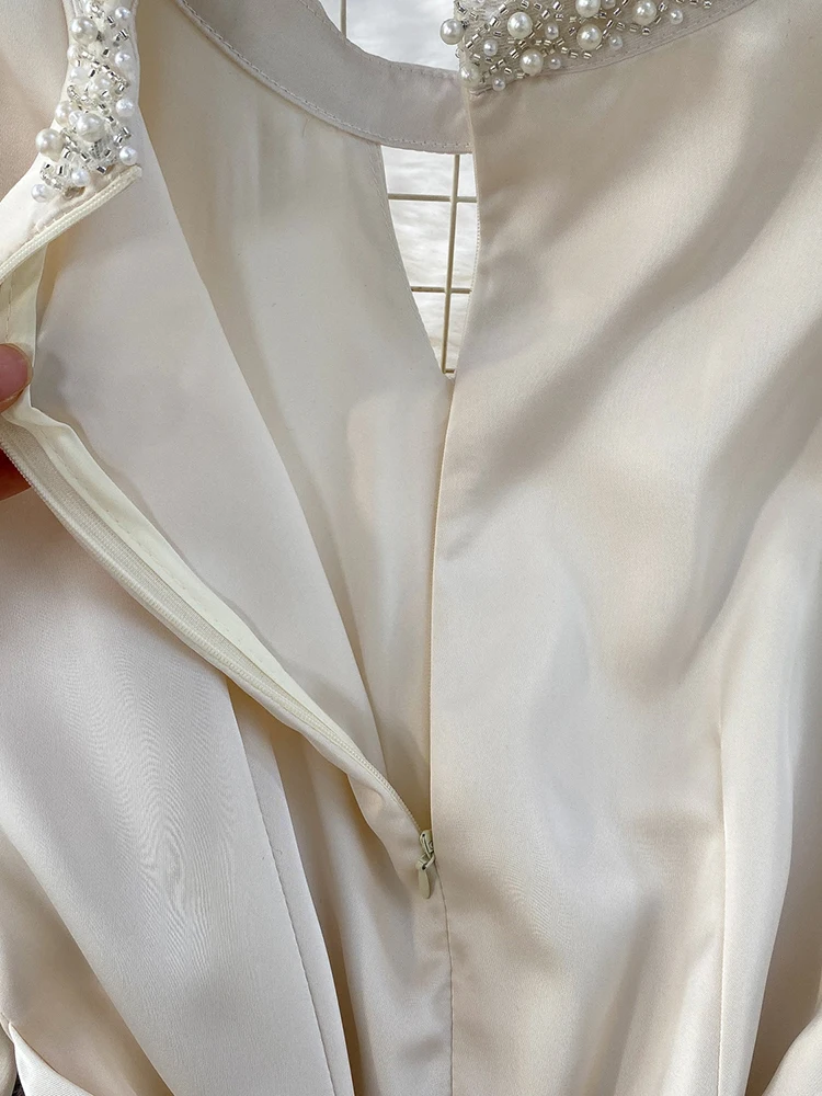 Lente Herfst Nieuwe Lange Mouwen Satijn Socialite Jurk Vrouwen Abrikoos Kleur Taille Cinched Elegante Parel O-hals Feestjurk S331