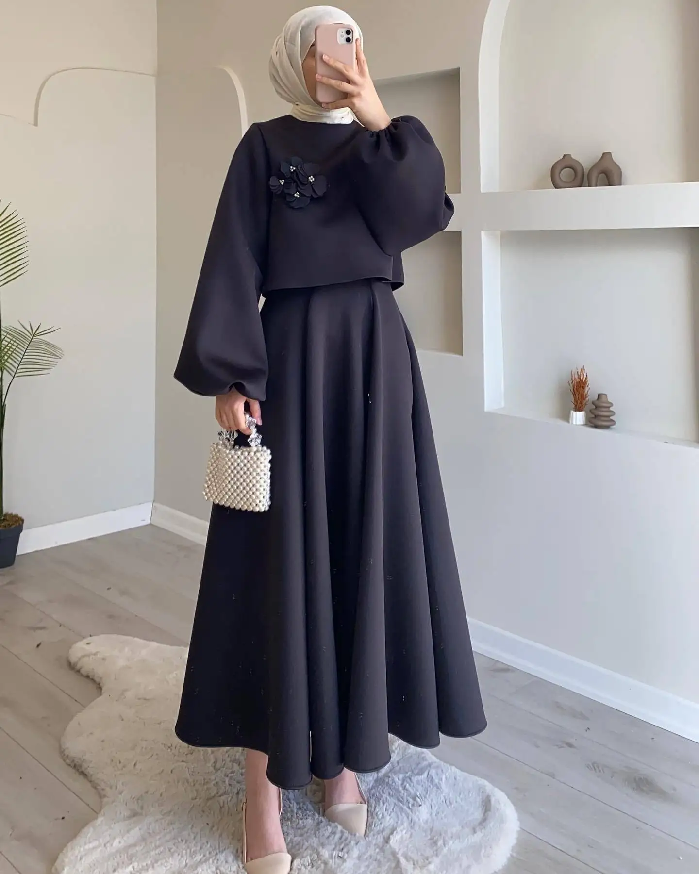 2024 Middle Eastern Dubai Flower Lantern Sleeve Women Skirt Suit Two-piece Set Elegant Top and Pleats Skirt Muslim Clothing