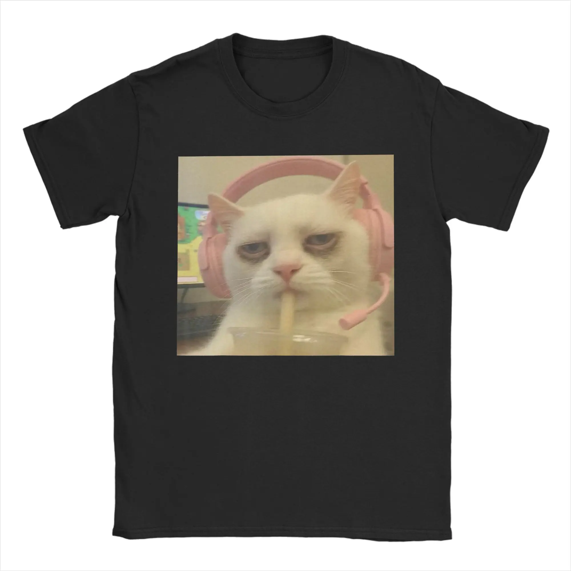 Oversized T-Shirt Summer Funny Cat Meme Cute Headphones Cat Gaming Cat Gamer Tee Shirt for Men Wholesale Short Sleeve Top Tees