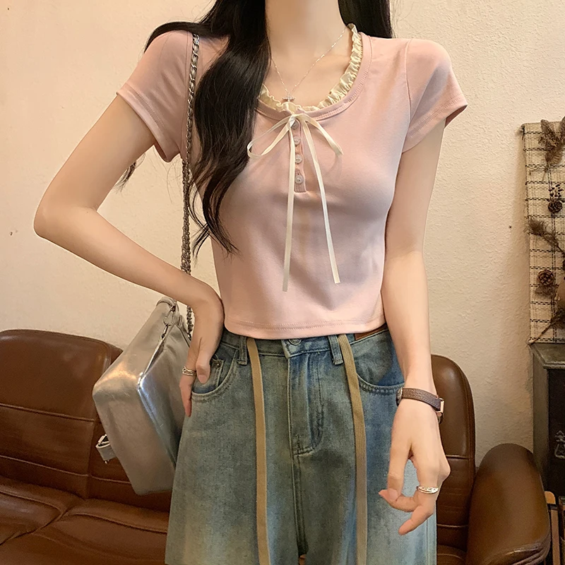 

Pink Short Sleeve T-shirt Women's Summer Pure Lust Fungus Side Bow Shoulder Slim Fit Babes Fake Two Short Tops