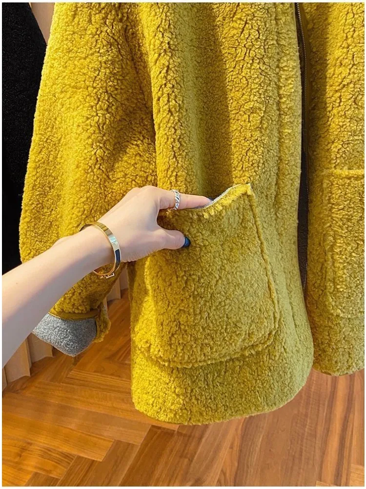 Plush Size Solid Faux Lamb Fur Jacket Zipper Leisure Loose Plush Coat O Neck Furry Jackets Winter Warm Women's Fluffy Cardigans
