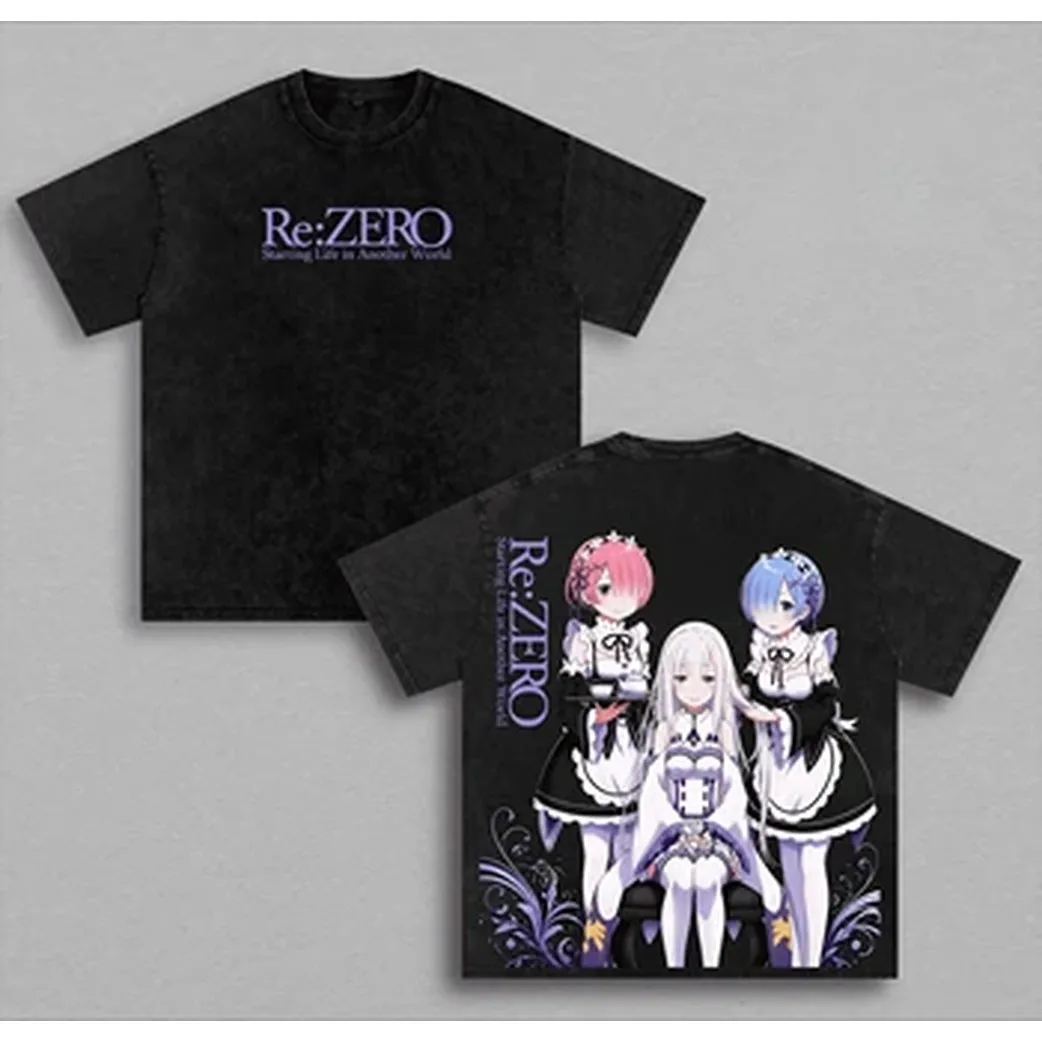 Japanese Anime Re:ZERO Rem T-shirt For Men's Clothing Vintage Washed Oversized T Shirt Summer Short Sleeve Cotton Tees Clothes