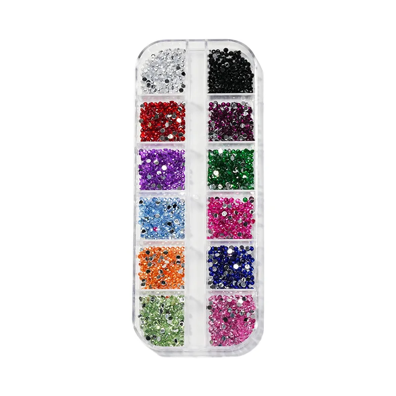 Nail Art Jewelry 12 Grid Acrylic Rhinestone Silver Bottom Transparent White Size Mixed Flat Bottom Diamond AB Color Nail Diamond