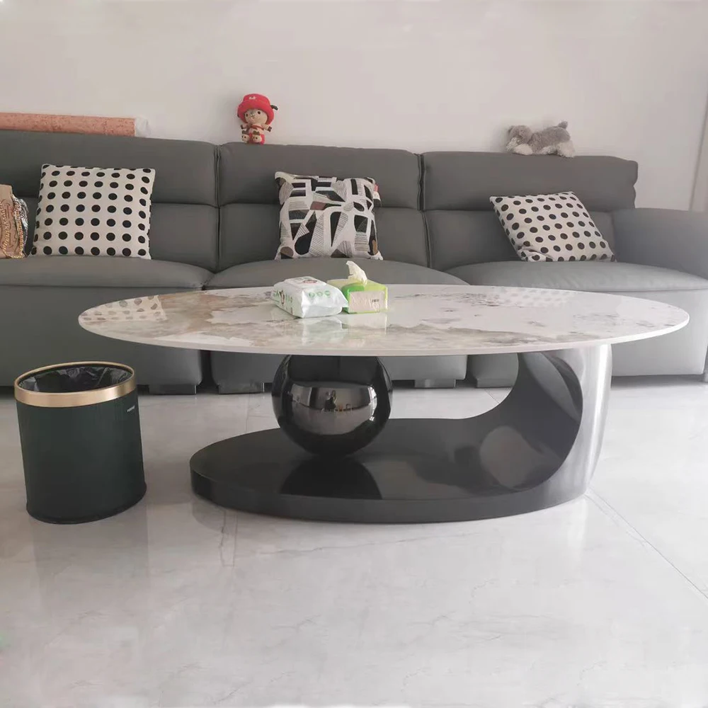 Nordic Luxury Slate Coffee Table for Living Room, Metal Base Central Table, Couch Table, Fashion Ellipse Tea Table, Sofa Side