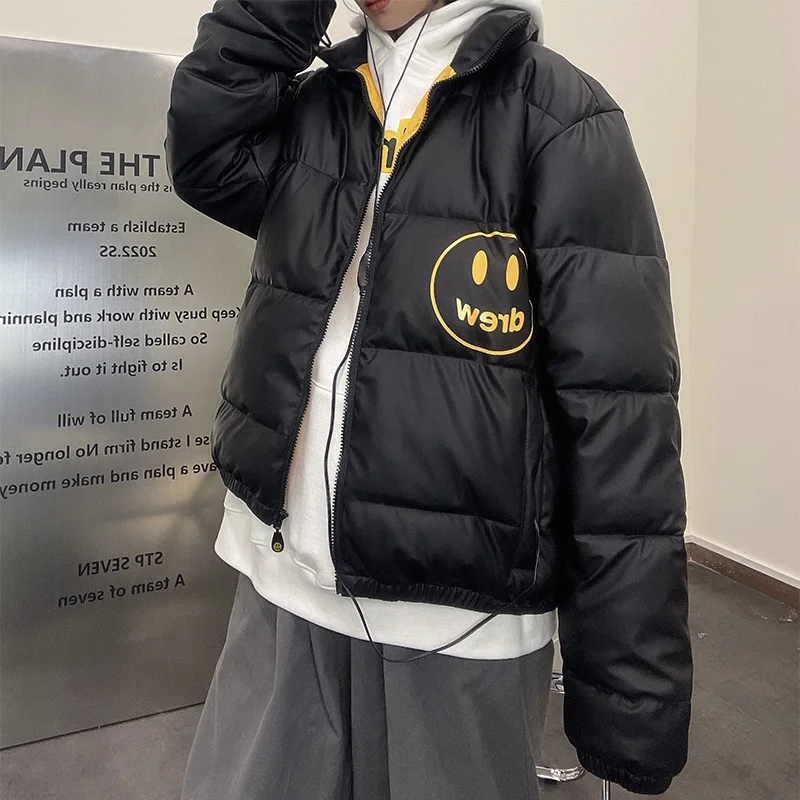 

Drew House Premium Quality European & American Streetwear Solid Color Stand Collar Smiley Print Unisex Puffer Jacket