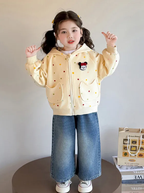 

Детская весенняя куртка с капюшоном в горошек для девочек, модная повседневная дышащая одежда в корейском стиле с длинными рукавами