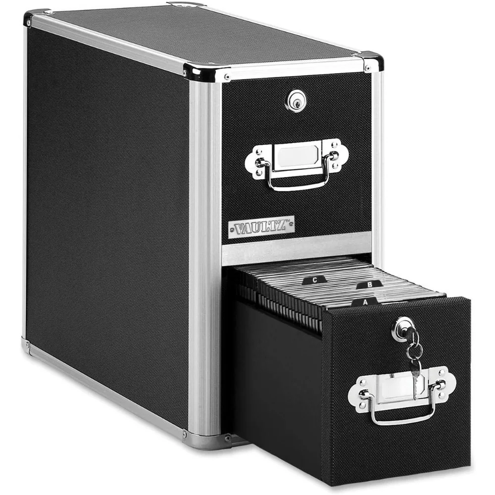 

CD Case Holder - File Cabinet CD Rack w/ 2 Drawers and Key Locks, 8 x 14.5 x 15.5 Inch DVD Organizer and CD Storage Box - Black