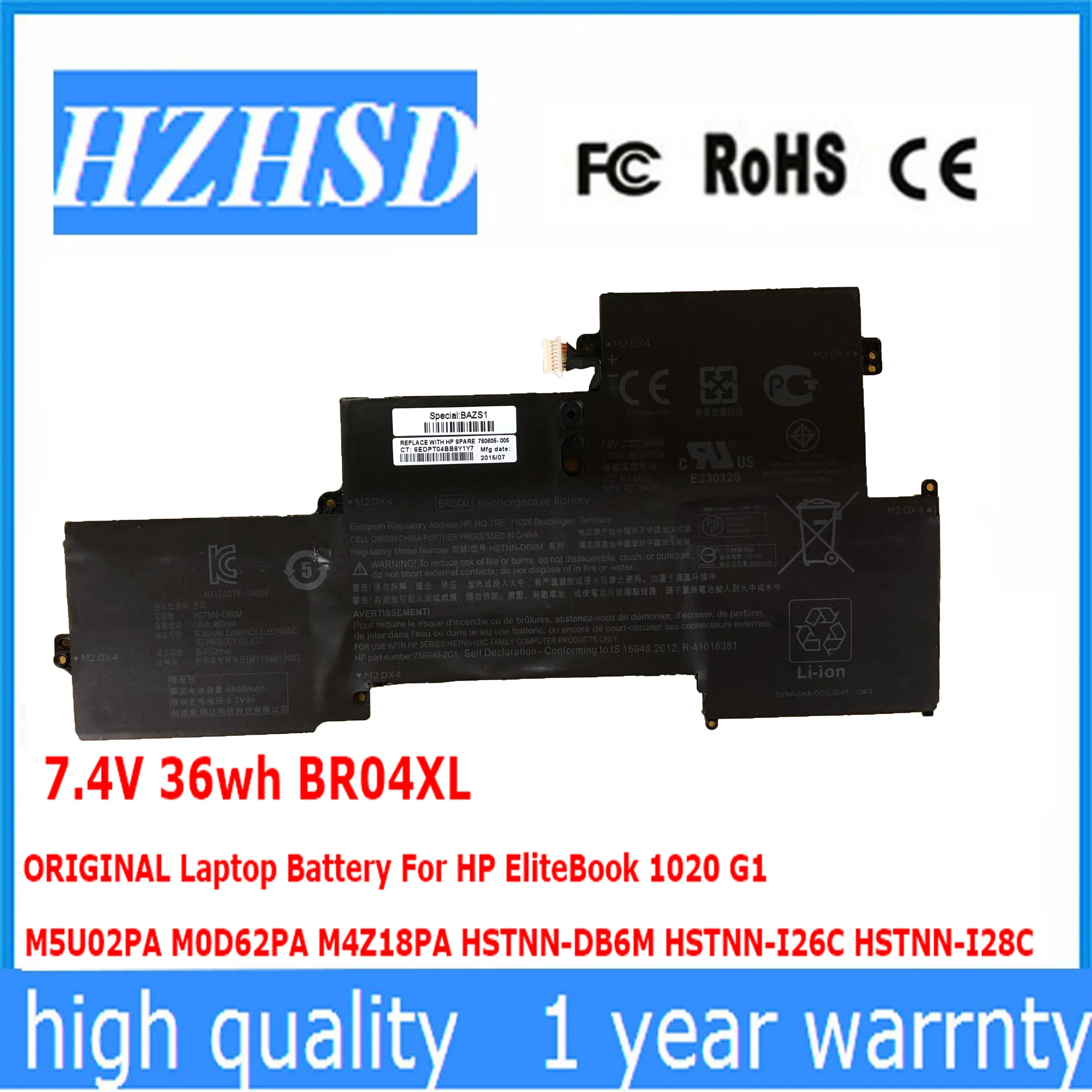 

7.4V 36wh BR04XL ORIGINAL Laptop Battery For HP EliteBook 1020 G1 M5U02PA M0D62PA M4Z18PA HSTNN-DB6M HSTNN-I26C HSTNN-I28C