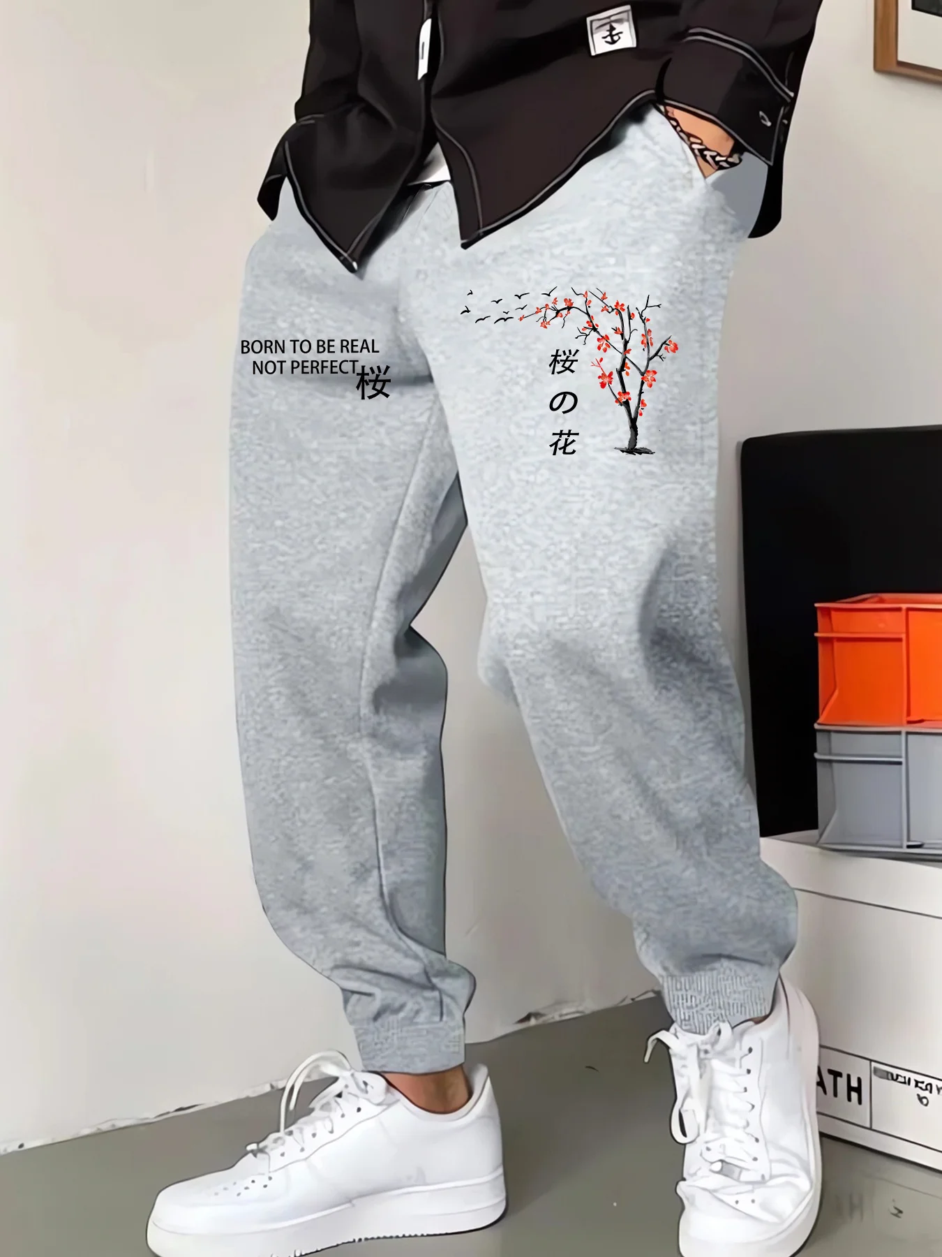 Oriental‑styled blossom tree quote graphic print relaxed sweatpants men hip hop sports casual jogger pants modern cut