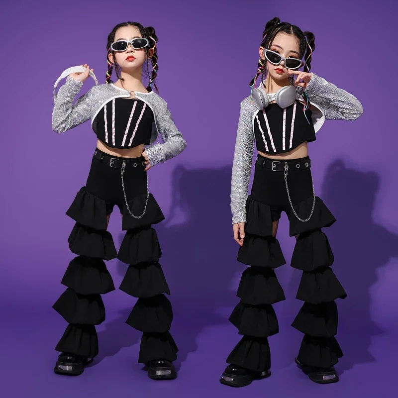

Jazz Dance Outfit Children Stage Costume Silver Top Black Pants Girls Kpop Dance Costume Kid Fashion Performance Clothes