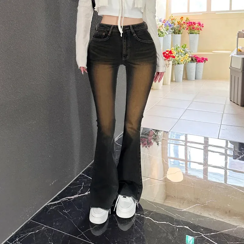 

2024Washed stretch denim jeans for women, early autumn vintage high-waisted slim-fit floor-length pants, petite micro-flare trou