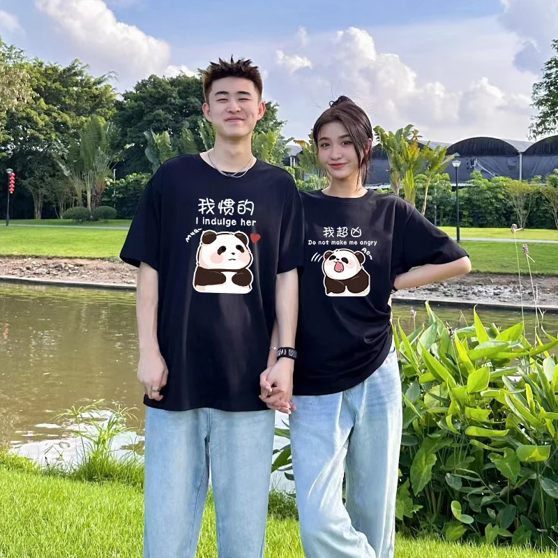 China Panda Bear Print Couple T Shirt Tee Blouse Men Women Cotton Oversized Short Sleeve Tshirt Top For Valentine's Day Clothes