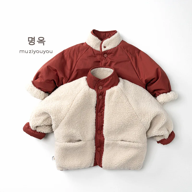 Winter Kids Girl Reversible Woolen Jacket Korean Fleece Warm Infant Baby Girl Outerwear Red Plus Velvet Toddler Girl Coat Outfit